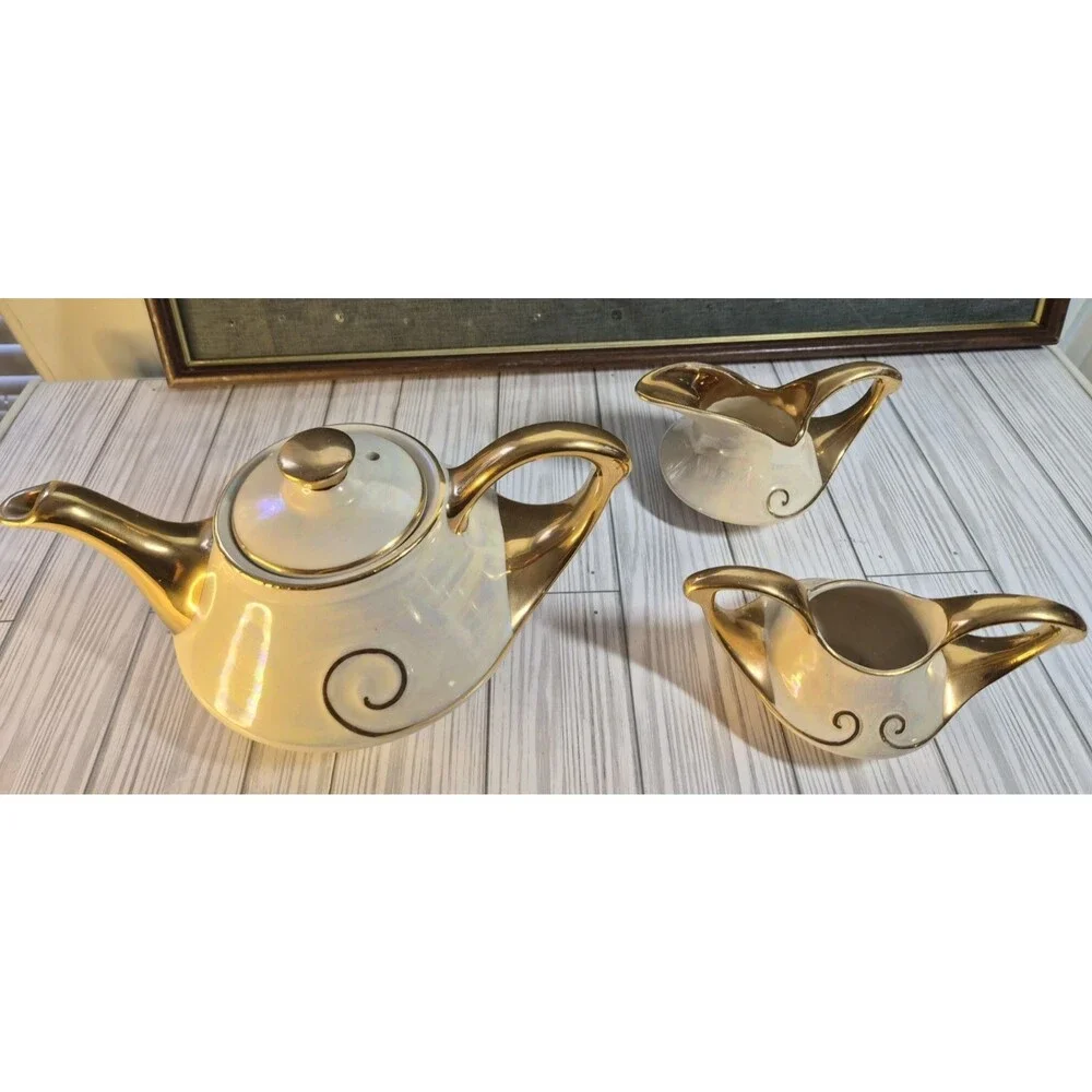 Vintage White & Gold Ceramic Porcelain Tea Set Teapot Creamer Sugar Bowl 3 Pc